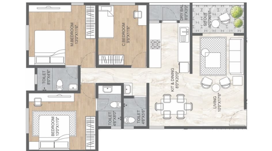 Ranjekar-Tirth-FLoor-Plan-B-Wing-3 BHK-1584 Sqft